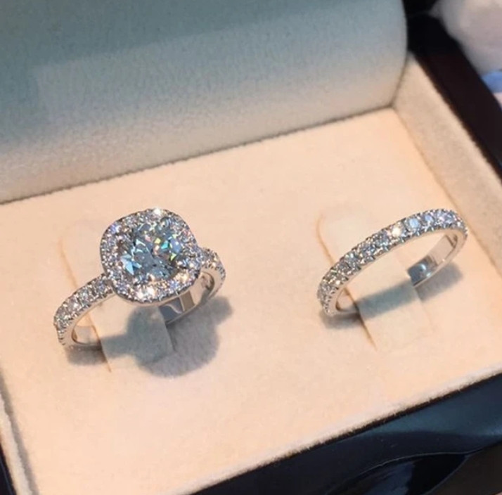 Luxury Exquisite Silver Color Princess Ring for Women Fashion Inlaid White Zircon Stones Wedding Rings Set Engagement Jewelry