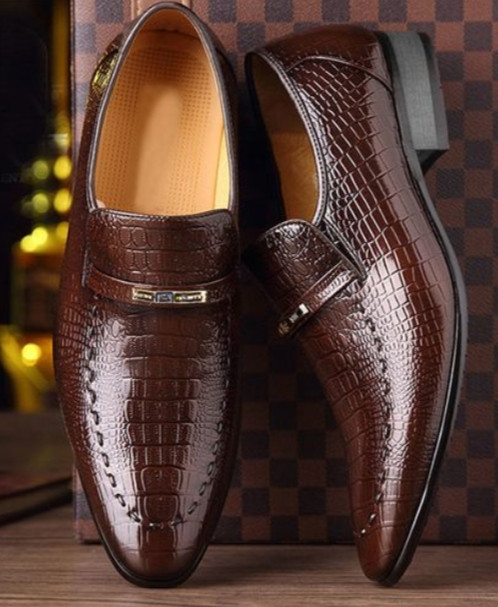 Mens Formal Shoes Fashion Crocodile Pattern Embossing Lefu Leather Shoes Brown