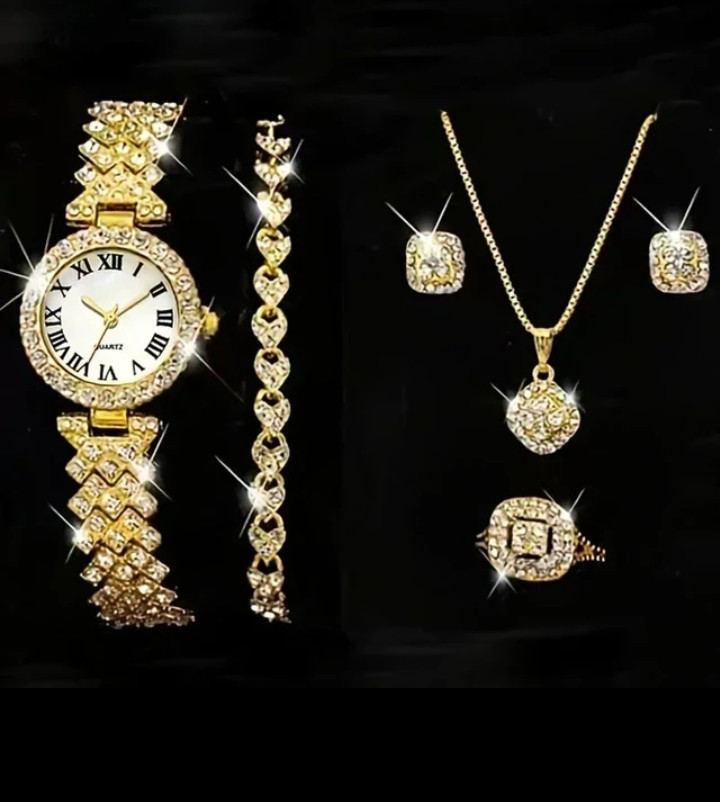 Fashion Luxury Full Crystal 5 Pcs Watch Necklace Earrings Ring Set for Women Rhinestone Wristwatch Female Bracelet Set Gift