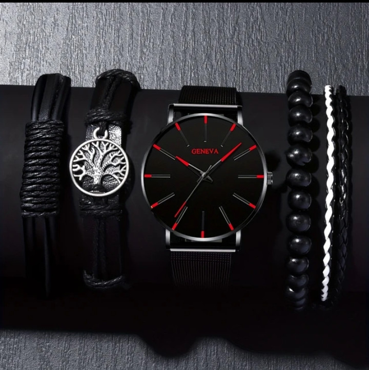 1pc Black Fashion Men's Quartz Watch & 4pcs Black Tree Of Life Bracelet Set  Quality set