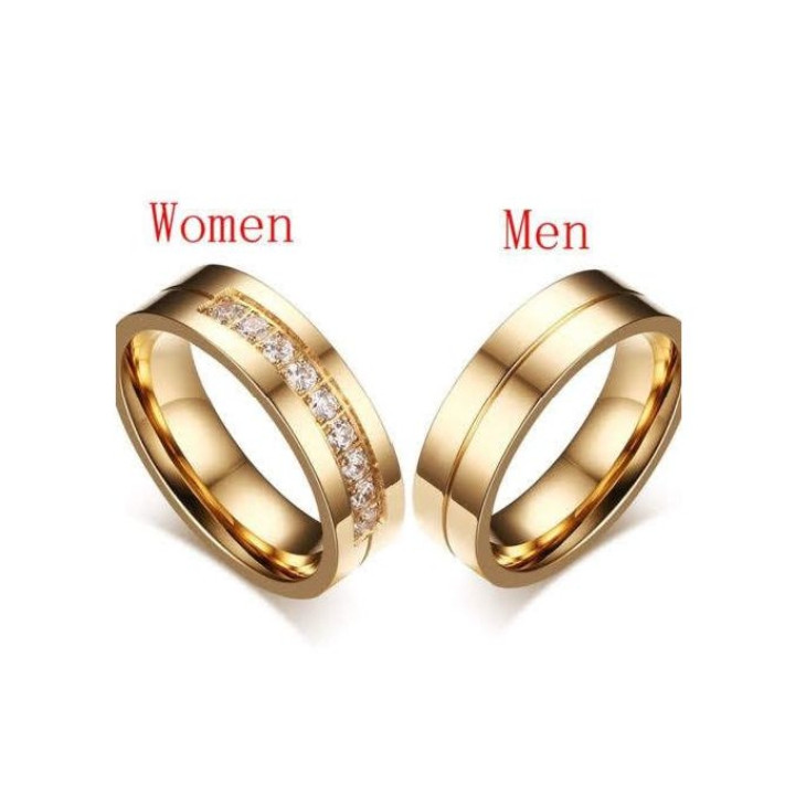 2pc. Couple Gold Tone Stainless Steel Cubic Zirconia Wedding Band